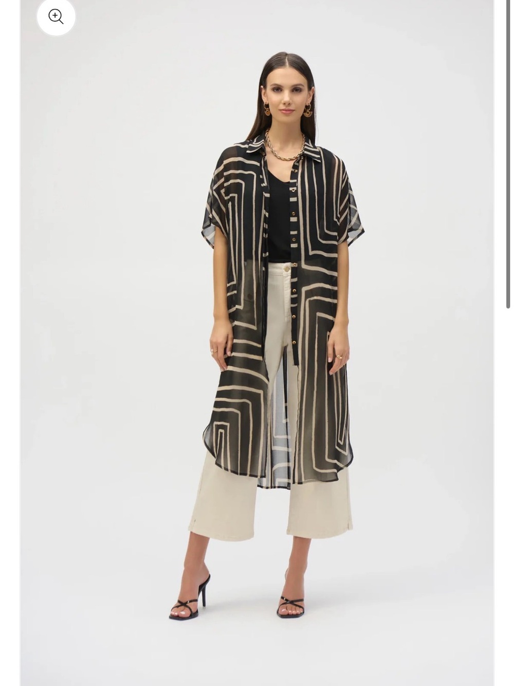 Joseph Ribkoff 252934 Black Beige Chiffon Geometric Print Long Blouse